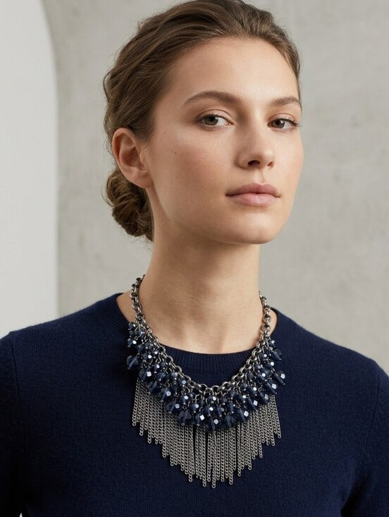 Jewelry - Vintage Crystal Bead Bib Necklage Blue Navy Statement Fringe Women